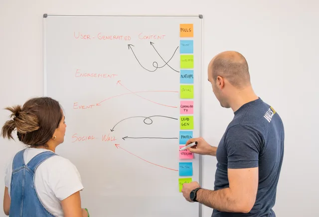 Two colleagues collaborate on a whiteboard presentation, generating creative ideas. A 90-day programmatic advertising plan for a known brand or a test budget