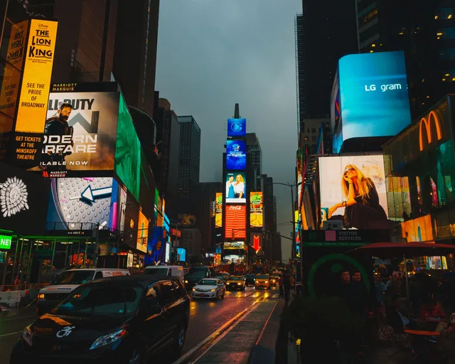Bright lights and billboards in Times Square, capturing the bustling evening atmosphere. What should a programmatic advertising strategy cover?